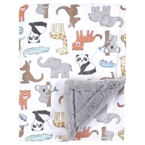 Image of Hudson Baby Unisex Baby Plush Blanket with Furry Binding and Back, Zoo Animals, One Size