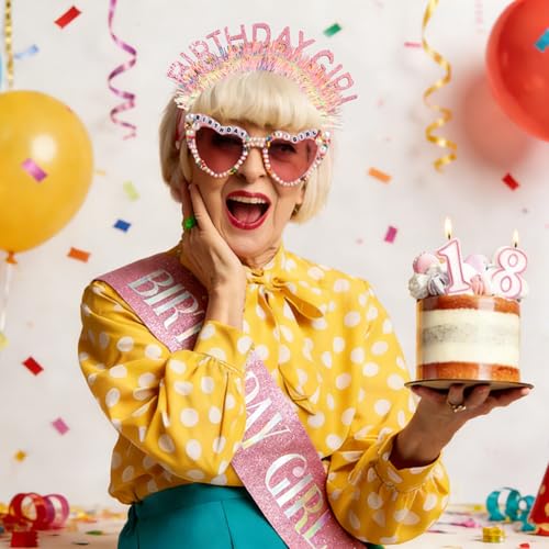 Atoden Birthday Girl Sash Glitter Headband Tiara Crown Sunglasses Pink Happy Birthday Decorations Party Favors Accessories for Adult Women Princess Outfits Gifts - Image 4
