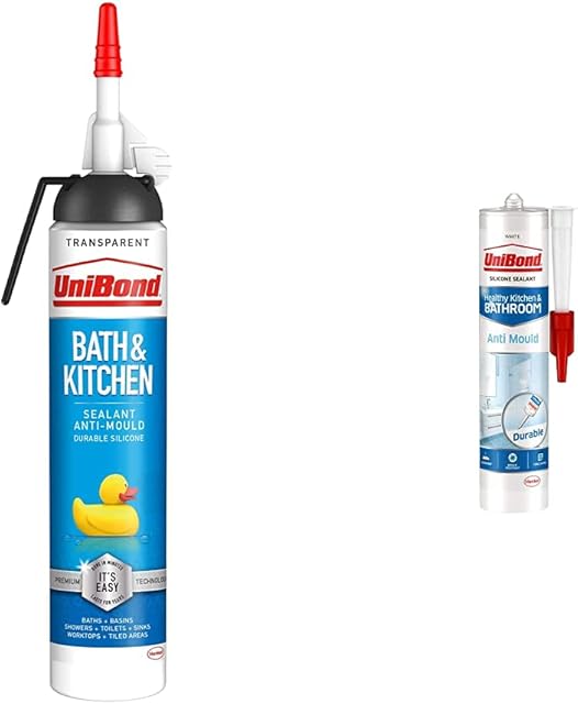 UniBond 2646327 Bath & Kitchen Sealant, Mould Resistant Transparent Silicone Sealant, 1x208g & 2079356 Anti-Mould White, Waterproof Mould Protection Kitchen & Bathroom Sealant, 1 x 274g Cartridge