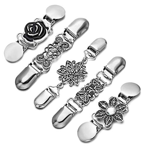 MJartoria 5PCS Tie Up Sweater Clip and Scarf Clip Set, Vintage Cinch Clip for Clothing, Shawl Clasps, Ladies Dress Chain Cardigan for Women Retro Antique Flowers