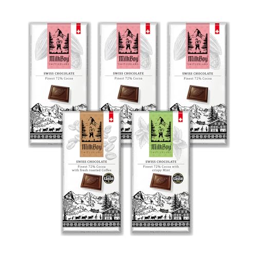 Milkboy Swiss Chocolates 72% Dark Chocolates Variety Pack - Chocolate Bars - Crafted in Switzerland - All Natural, Sustainably Farmed Cocoa - Gluten & GMO Free, Vegan - 3 oz (Pack of 5)