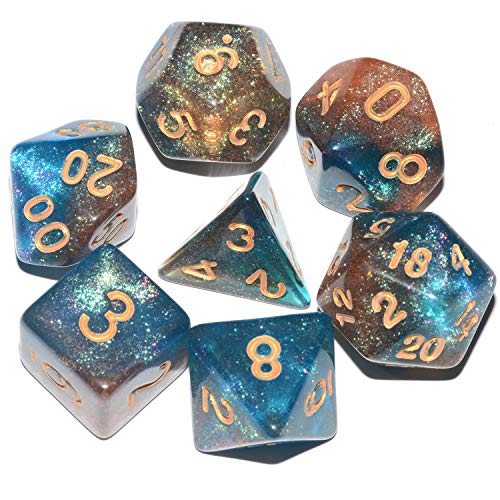 Galaxy DND Dice 7Pieces, Glitter Sparkle Cosmic Orange and Blue Mixed Polyhedral DND Dice for RPG MTG Table Game Dice