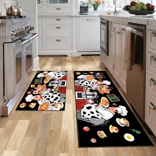 JWXCBIM Fat Chef Kitchen Rug 2 Piece Set Farmhouse Style Decor Kitchen Floor Mat Absorbent and Washable Runner Rug Home Vintage Kitchen Decoration Chef Black 17x30+17x47 Inches