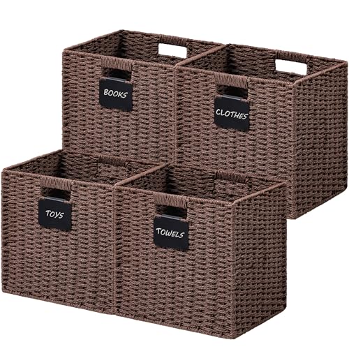 UBBCARE Paquete de 4 cestas de mimbre, cubos de almacenamiento de 12 x 12 pulgadas con etiqueta de cesta, cubo plegable con asa, cesta de almacenamiento cuadrada para estantes, cesta de cuerda de