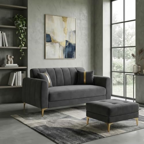 Image of Hermione Luxe Velvet-Suede Fabric 2 Seater Sofa Set with Ottoman | Golden Legs | Comfortable Seating | Modern Sofa for Living Room (Dark Gray)
