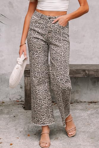 Apvirdy Women's Leopard Frayed Edge Denim Pants Wide Leg High Waist Trendy Elegant Jeans 20252