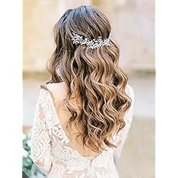 Runmi Diadema de novia con perlas de vid plateada, accesorios para el cabello de novia de cristal, diademas de hojas de novia para mujeres y niñas