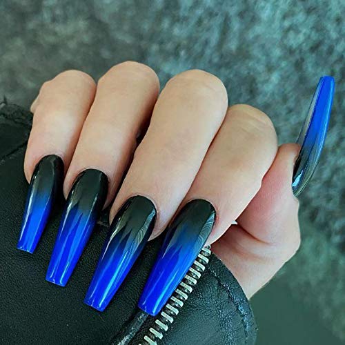 Vaveah 24 Pcs Press on Nails Coffin for Women, Extra Long Fake Nails Glue on Nails, False Nails with Glue (Blue Mixed Black)