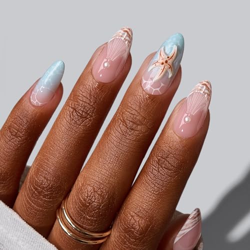 BTArtbox Press On Nails Medium - Tide Play, Easy-to-Apply 3D Starfish Almond Press On Nails with Glue and Adhesive Tabs in 15 Sizes - 30 Nails All-in-One Kit