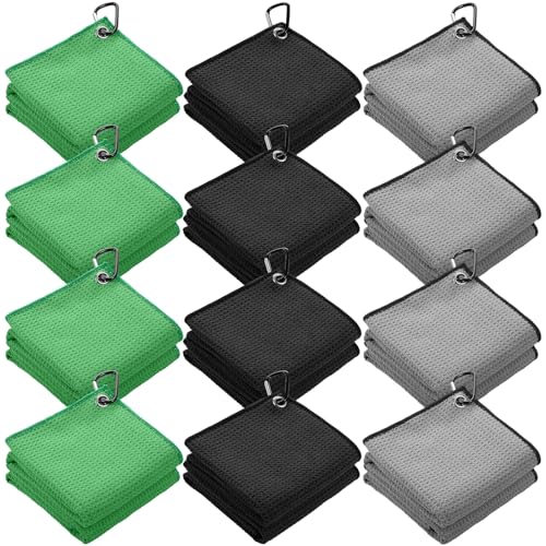 Batiyeer 12 Golf Towels, Black, Gray, Green, 16 x 16 Inches