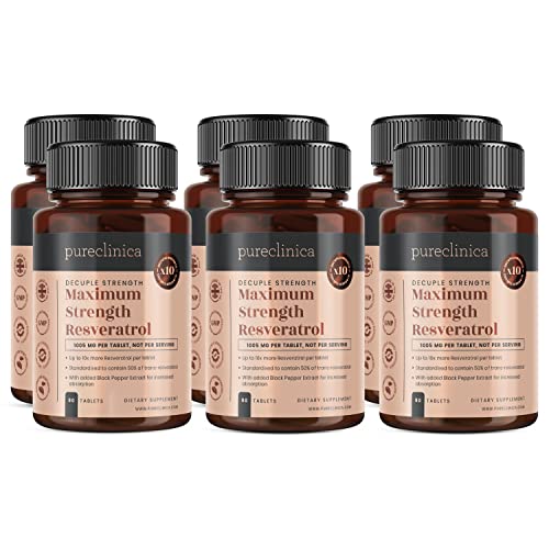 Pureclinica 1000 mg Resveratrol x 540 Tabletten (6 Flaschen à 90 Stück)– Vorrat für 18 Monate - mit schwarzem Pfefferextrakt