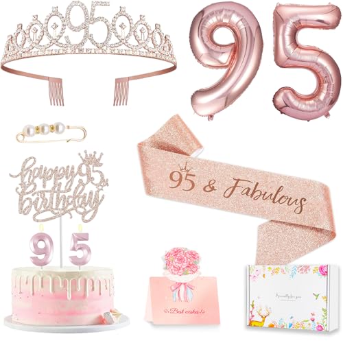 Awfrky 95th Birthday Decorations for Her Women | 95th Birthday Sash & Crown, Card, Cake Topper, Candles,Balloons, 95 year old Birthday Gifts for Women,10pcs Set, Rose Gold
