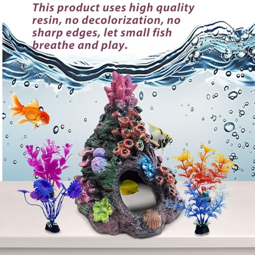 Image of PINVNBY Colorful Coral Small Fish Tank Decorations with 4PCS Artificial Aquarium Plants, Resin Mountain Ornament for Goldfish Betta Fish Tank Cave Hideout Sleep Rest Play Breed