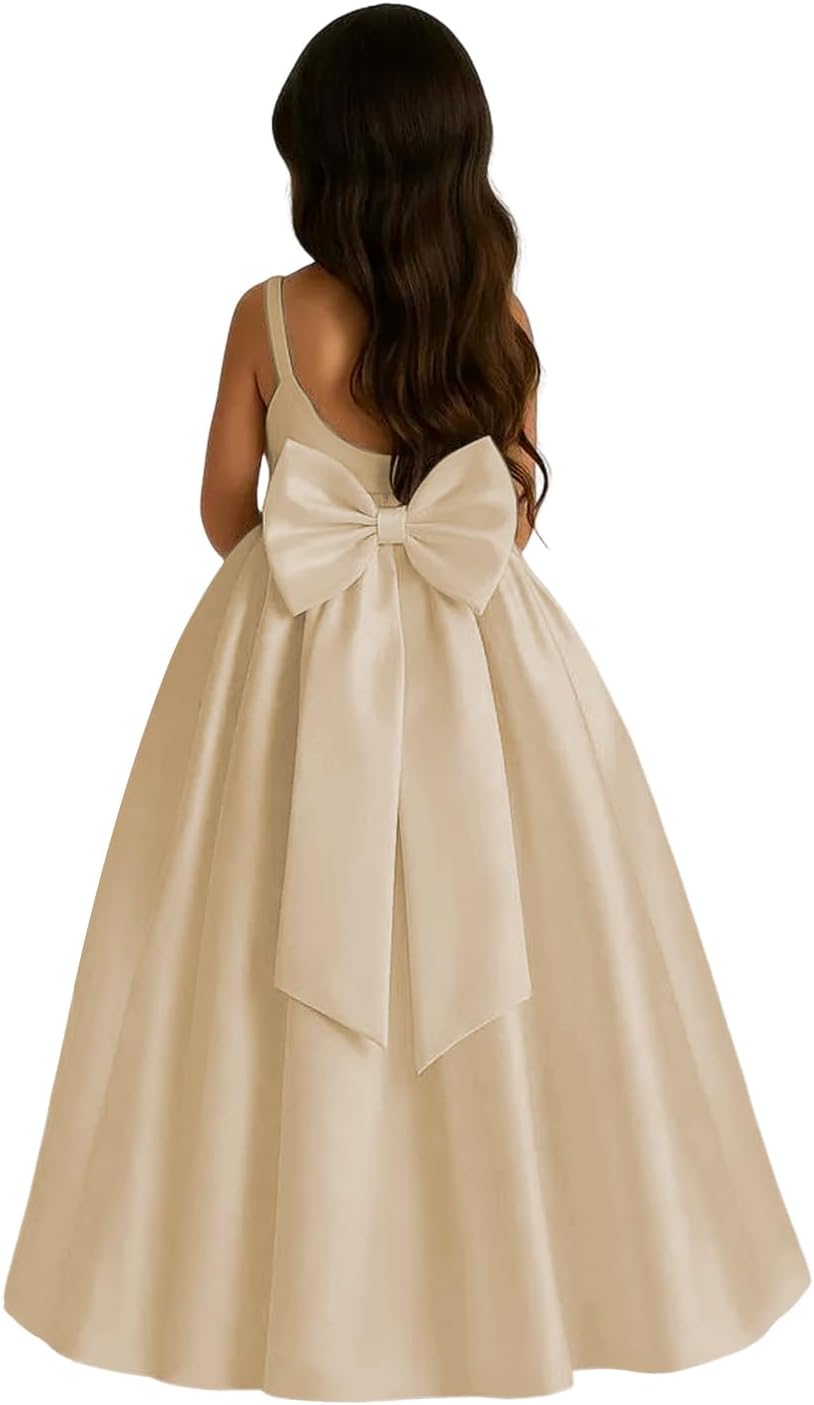 MCieloLuna Glossy Satin Princess Ball Gown Spaghetti Strap Flower Girl Dress Elegant Backless Summer Party Long Dresses