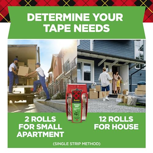 Image of Scotch Tough Grip Moving Packing Tape, Clear, Moving Tape that Secures Boxes up to 80 Pounds, 1.88 in. x 22.2 yd., 6 Tape Rolls with Dispensers