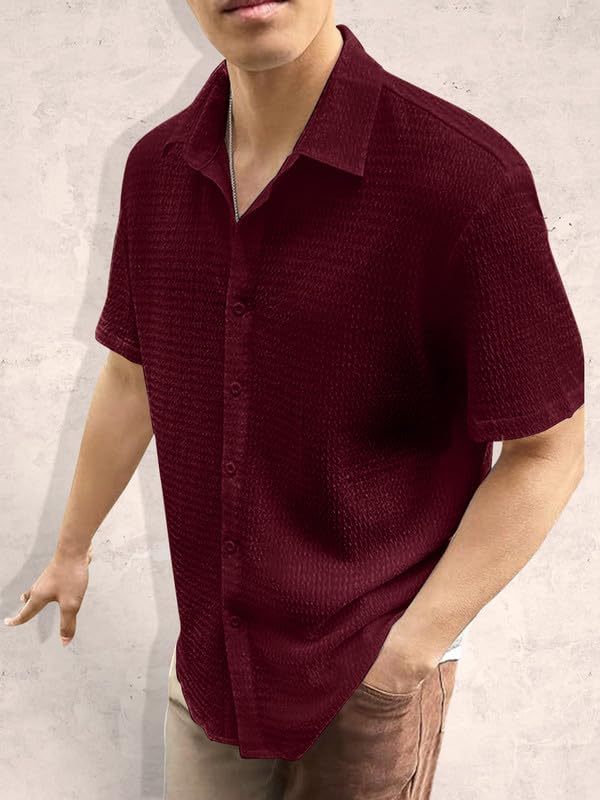 Image of Pinkmint Popcorn Shirt for Men Soild Slim Fit Sleeve Spread Collar Trendy Men Shirt Summer Wear Goa Wear Olive