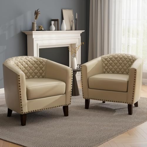 UIXE Faux Leather Barrel Accent Chairs Set of 2 Beige