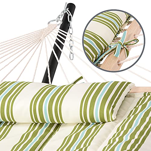 Suncreat Cotton Rope Hammock For Two People With Hardwood Spreader Bars, Quilted Fabric Pad & Detachable Pillow, Extra Large Hammock With 12 Ft Steel Stand, Ipad Bag & Cup Holder, Green&Beige #TOP2