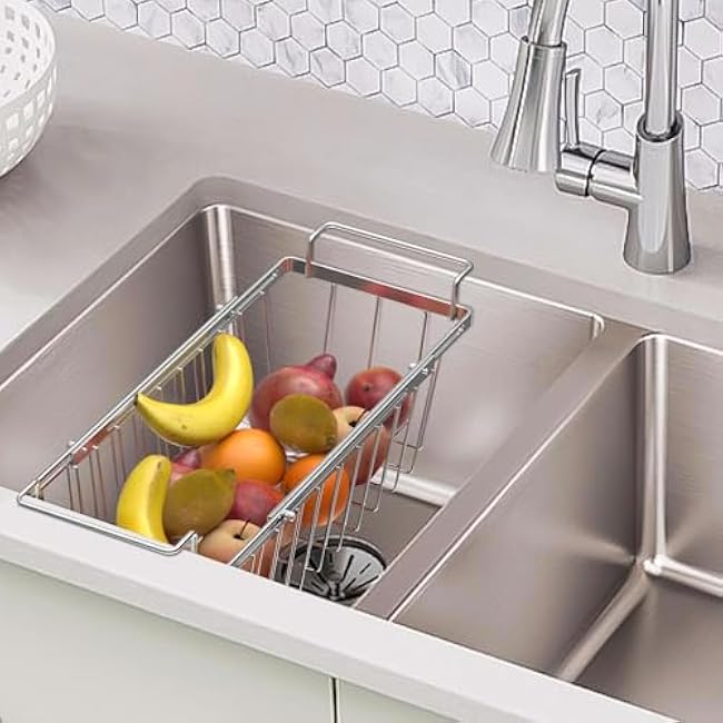 Orgneas Freezer Baskets for Chest Freezer, Capacity Expandable Deep Freezer Organizer Bins Adjustable From 16.5 to 26.5 Stainless Steel Wire Basket Storage with Hanging Handles