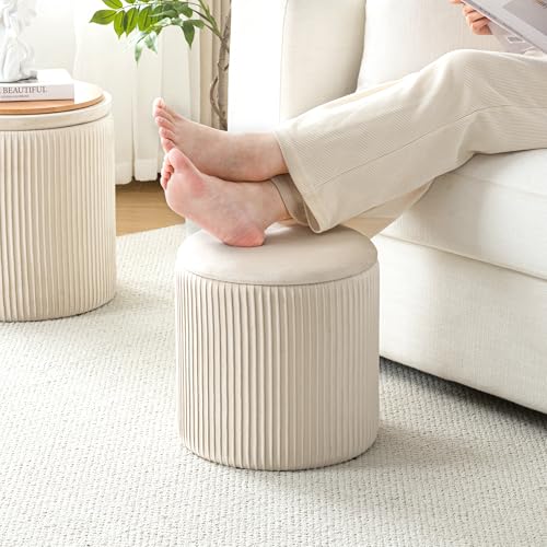 infurnic Ottoman with Storage Set of 2, Velvet Round Storage Ottoman, Upholstered Sponge Vanity Stool Support 300lbs, Multifunctional Coffee Table Foot Rest Ottoman for Living Room Bedroom, Beige