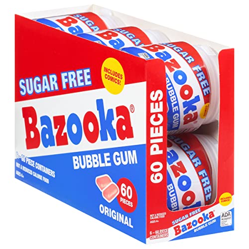 Bazooka Sugar Free Bubble Gum - 60 Count To Go Cup (Pack of 6) Pink Chewing Gum in Original Sugarless Flavor - Fun Old Fashioned Candy for Kids