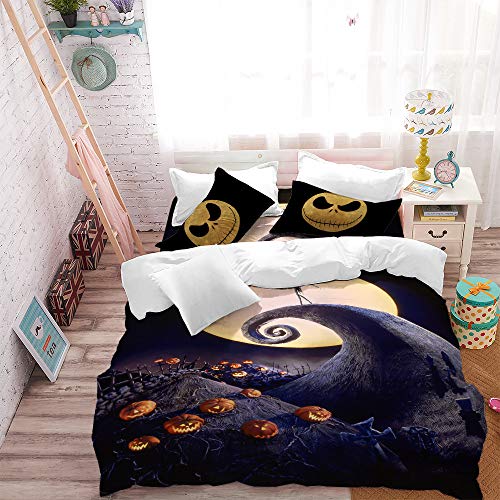 Jessy Home Halloween Pumpkin Duvet Set 3pc Full Size Nightmare Before Christmas Cartoon Halloween Bedding 1 Quilt Cover with Ghost Smile 2 Pillow Cover for Children Adult Halloween Decor Gift