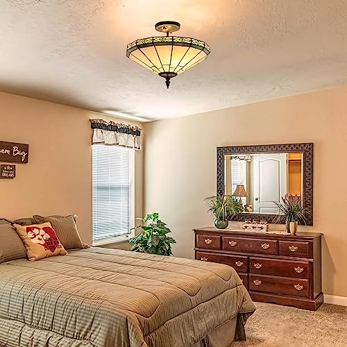 Capulina Tiffany Ceiling Light 2 Light 16 Inches Wide Cream Style Stained Glass Semi Flush Mount Ceiling Lamp For Dining Room Porch Hallway Kitchen Entryway #TOP4