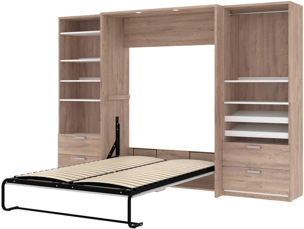 Bestar Cielo Queen Murphy Bed with 2 Closet Organizers with Drawers (125W) in Rustic Brown and White, Sleeping Arrangement for Multipurpose Room