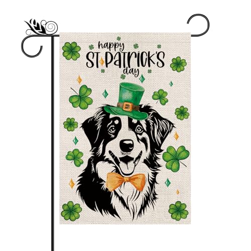 St Patricks Day Garden Flag Australian Shepherd Dog Shamrocks Clovers Vertical Double Sided Holiday Outdoor Yard Decor 12.5 x 18 Inch