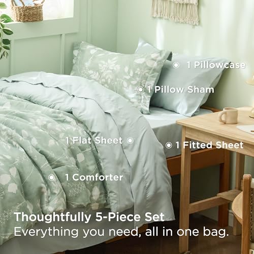 Image of Bedsure Floral Sage Green Comforter Set, Twin-XL Bedding Sets, Dorm, 5 Pc | Bed in a Bag, Bedroom, Dorm Room,Reversible, Fluffy, Whisper-Quiet, All-Season, Polyester, Easy Care, Botanical-Chic, OEKO