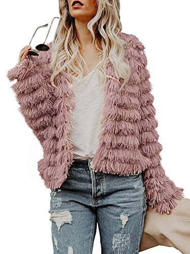 Inorin Womens Fall Open Front Cardigan Faux Fur Coat Vintage Parka Shaggy Jacket Warm Coat Tops Pink