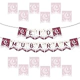 FodeMoraka Ramadan Eid Mubarak Decorations - 2 Pcs White and Purple Muslim Islamic Pre-strung Banner Garland Set Eid Al Fitr Party Supplies Favors for Home Fireplace Wall Ceiling Hanging Decor