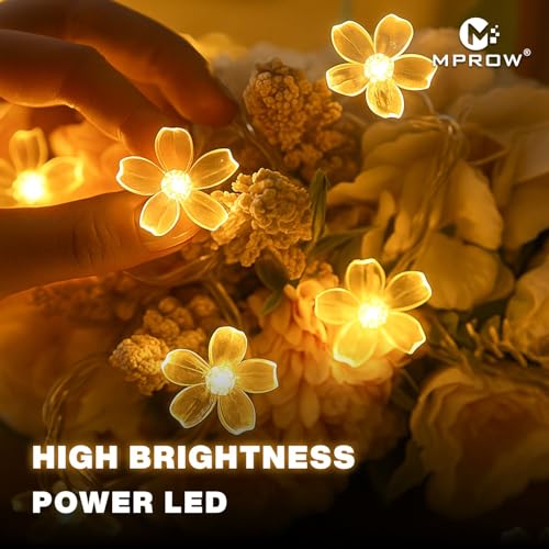 Image of MPROW Yellow-Color Flower LED String Lights - 20 Led Decorative Cherry Blossom Fairy Lights with Plug for Diwali, Christmas, Wedding, Home Decor - Vibrant Floral Night Lights for Bedroom, Balcony