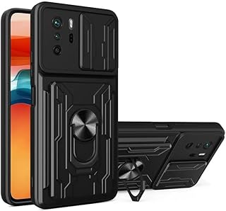 جراب متوافقPoco X3 GT مضاد للصدمات مع غطاء كاميرا منزلق وحامل كروت قابل للازالة ومسند مدمج صلب مبطن بالسيليكون Poco X3 -اسود