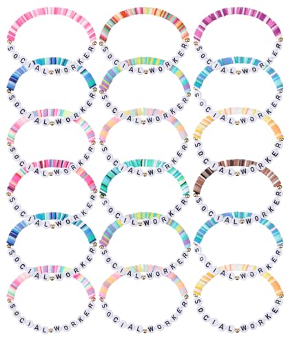 Quelay 24 Pcs Social Worker Appreciation Bracelet Gifts Bulk Clay Beaded Stretchy Bracelet Jewelry...