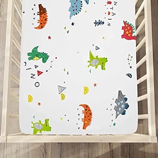 Baby Cot Bed Fitted Sheets, Ynaice 100% Organic Cotton Toddler Crib Sheets 70 × 140cm, Soft and Breathable Travel Cot Sheets with Printed Pattern Design for Boys and Girls - Dinosaur