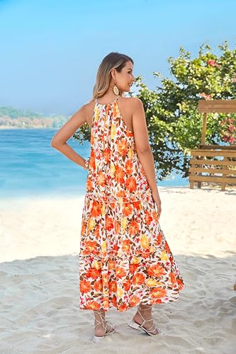 Image of GRACE KARIN 2026 Women's Floral Halter Maxi Dress Boho Summer Beach Sundress with Tiered Ruffle Skirt