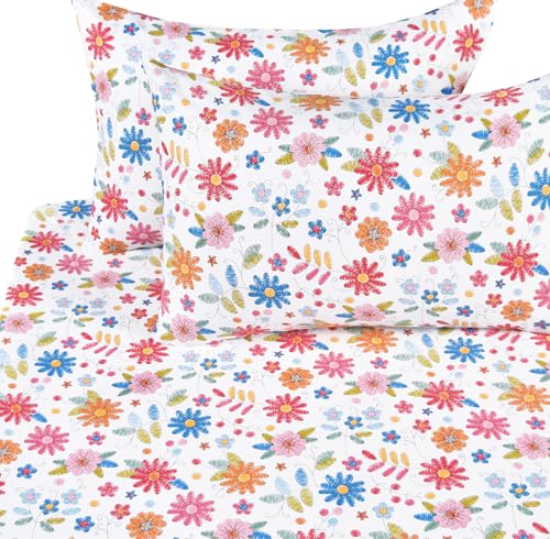 Image of Scientific Sleep Kids Hand Sketch Flower Leaves Pastoral Garden Cute 100% Cotton 4 Pcs Full Bed Sheet Set Kids Toddler Teen, Flat Sheet & Fitted Sheet & Pillowcase Girls Bedding Set