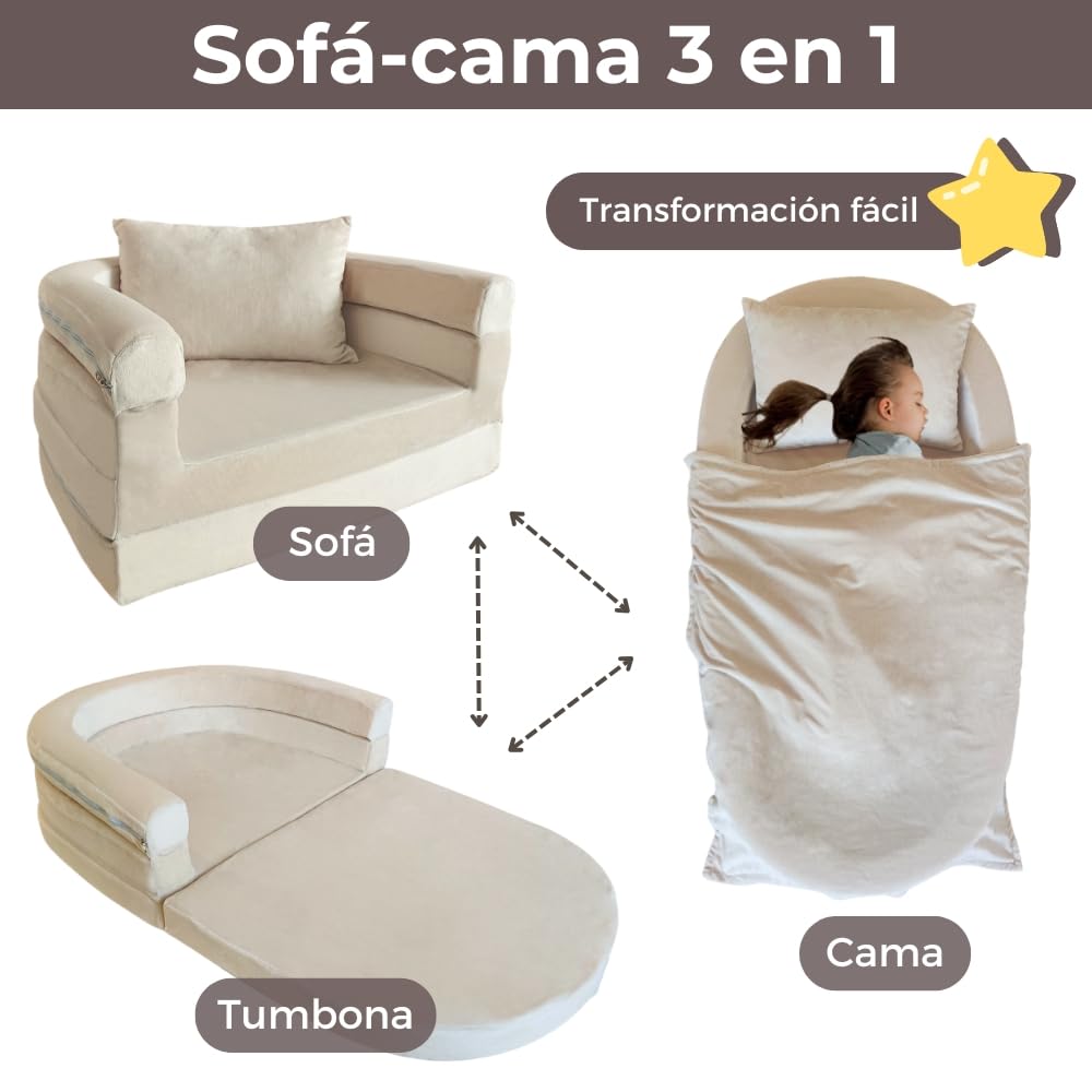 Wonder Space Sofá de espuma premontado para niños con manta y almohada, sofá convertible 3 en 1, silla de salón plegable para interiores y cama plegable para niños y niñas (marfil)