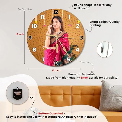 Image of SAVRI Personalized Gifts - Customized Photo Wall Clock for Her 12x12 Inch Acrylic Unique Birthday, Anniversary & Valentine Gift for Wife, Girlfriend, Daughter, Sister, Mother | Premium Room Decor