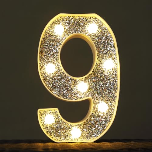 Image of Light Up Letters, Marquee Light Letter for Table Decorations, Glitter Light Up Signs for Prom, Events, or Engagement Party Decor, Featuring Alphabet & Number Lighted Letters, Number 9