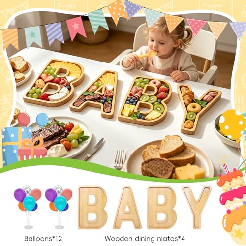 Image of 4PCS Baby Charcuterie Board Letters-(with 14 Balloons) Fillable Letter Food Serving Tray for Party Desserts Container Fruit Platter,Reusable for Baby Shower Gender Reveal Birthday Party Decor