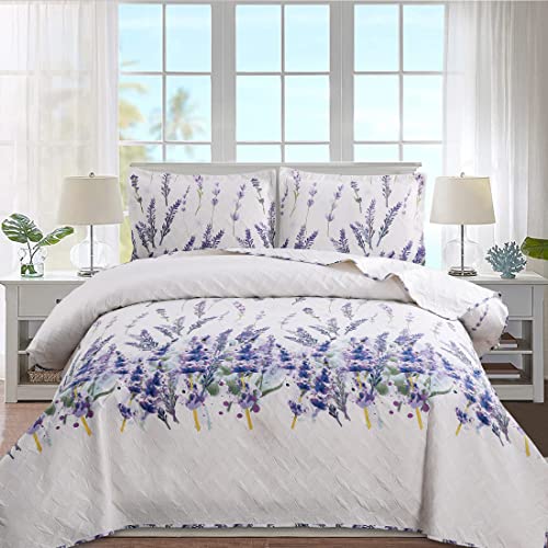 Quilt Set Queen Size Bedspread Coverlet Floral Queen Quilts Set Bedding Summer Lightweight Bedspread Floral Quilts Coverlet Reversible Quilt Bedding Purple Flower Leaves Home Quilts Collections #TOP29