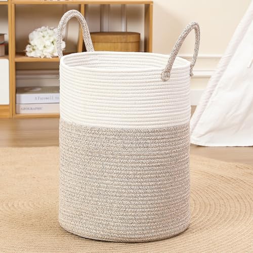 60L Large Woven Laundry Basket Hamper, 100% Natural Cotton Rope, Handwoven & Durable, Storage for Blankets, Toys, Clothes, Nursery Hamper for Living...
