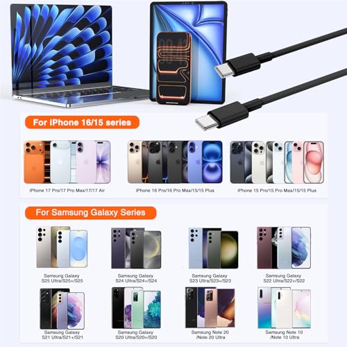 Image of 2pack 10ft USB C to C Cable, 60W Type C to Type C Fast Charging Cord for iPhone 17 16 15 Pro, Pro Max, Plus, iPad Pro, MacBook Air 13 inch, iPad Pro, Air, for Samsung Galaxy S25 and More, Black
