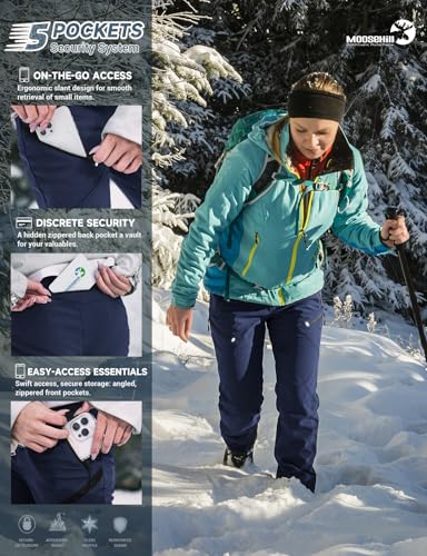 Image of Moosehill Women's Hiking Pants Winter: 5 Zipper Pockets Water Resistant | Fleece Lined 4-Way-Stretch Insulated Softshell with Elastic Waistband for Outdoor Ski and Snowboard