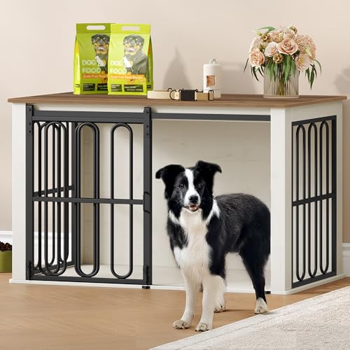 HEXCELEN Cage pour Chien pour la Maison avec Porte Coulissante, 2 Portes, Cage Chien comme Table d'appoint, pour Chiens de Petite et Moyen, Moderne, Blanc et Marron,100 x 60 x 62,4 cm