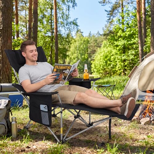 Image of 2Pack 4-Position Reclining Camping Chair with Removable Footrest, 2-in-1 Adjustable Portable Lounge Chair with Cooler Bag, Cup Holder, Side Pockets & Carry Bag for Outdoor, Black
