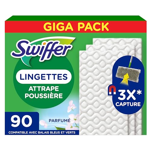 Swiffer Balai Attrape-Poussière Recharges Lingettes Sèches, 90 Unités, Parfum Febreze Longue Durée, Attrape 3 Fois Plus de Poussière et Poils d'Animaux, Balai Vendu Séparément