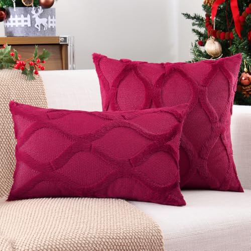 decorUhome Throw Pillow Covers 24x24 Inch Set of 2, Soft Plush Faux Fur Wool Burgundy Couch Pillow Covers, Decorative Neutral Pillow Cases for Bed Sofa Living Room Home Decor
